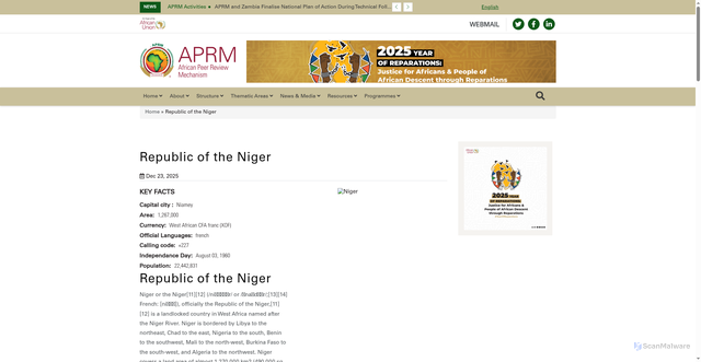 Security scan screenshot of https://aprm.au.int/en/member-states/niger