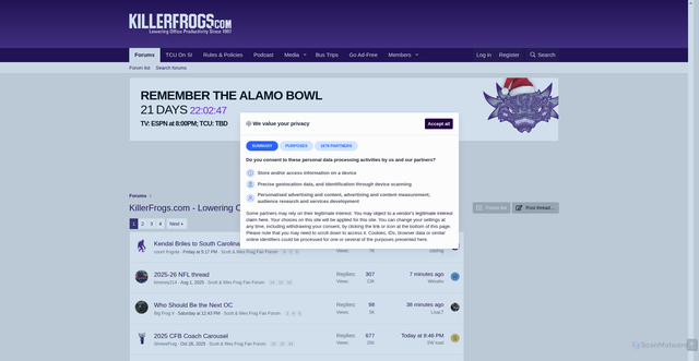Security scan screenshot of https://forum.killerfrogs.com/index.php?threads%2Fkendal-briles-to-south-carolina.246151%2F=