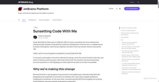Security scan screenshot of https://blog.jetbrains.com/platform/2026/03/sunsetting-code-with-me/