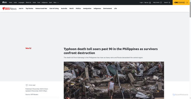 Security scan screenshot of https://www.sbs.com.au/news/article/typhoon-kalmaegi-philippines-death-toll/nw4syiuot