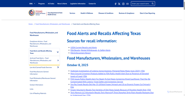 Security scan screenshot of https://www.dshs.texas.gov/food-manufacturers-wholesalers-warehouses/food-alerts-recalls-affecting-texas