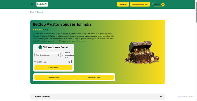 Security scan screenshot of https://bet365-aviator.net/bonuses/