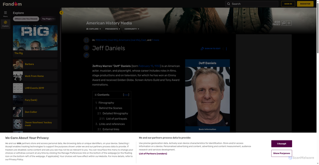 Security scan screenshot of https://american-history-media.fandom.com/wiki/Jeff_Daniels