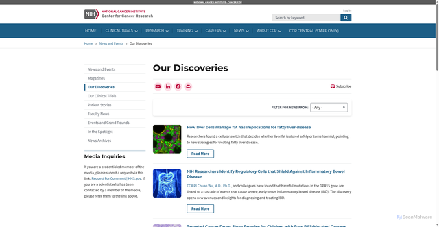 Security scan screenshot of https://ccr.cancer.gov/news/new-discoveries