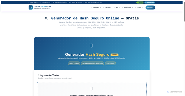 Security scan screenshot of https://onlinetecnotools.com/generador-hash-seguro-online/