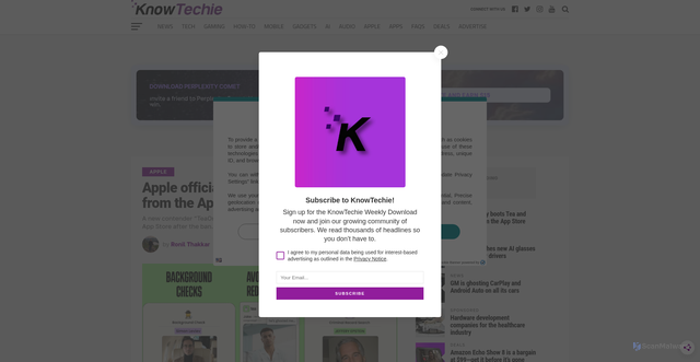 Security scan screenshot of https://knowtechie.com/tea-apps-removed-app-store/