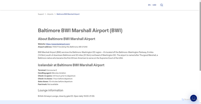 Security scan screenshot of https://www.icelandair.com/support/airports/baltimore-marshall-bwi/