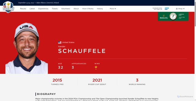 Security scan screenshot of https://www.rydercup.com/player/48081/xander-schauffele