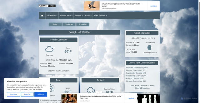 Security scan screenshot of https://www.weathercentral.com/weather/us/nc/raleigh