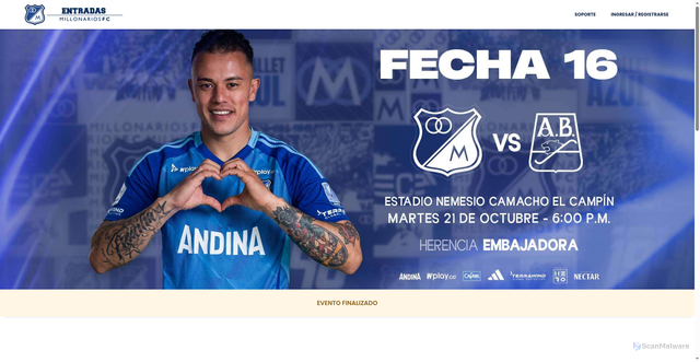 Security scan screenshot of https://www.entradasmillonarios.com/event/mfc-vs-atl-bucaramanga-boleteria-individual
