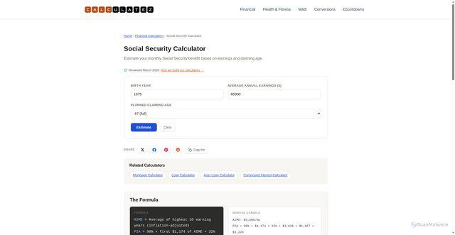 Security scan screenshot of https://calculatez.com/social-security-calculator/