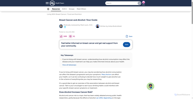 Security scan screenshot of https://www.mybcteam.com/resources/breast-cancer-and-alcohol-your-guide
