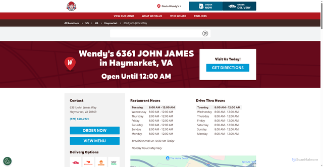 Security scan screenshot of https://locations.wendys.com/united-states/va/haymarket/6361-john-james-way