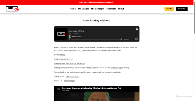 Security scan screenshot of https://www.theop.io/podcast/actor-bradley-whitford