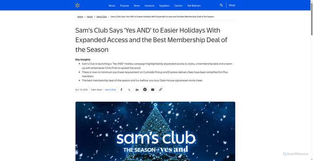 Security scan screenshot of https://corporate.walmart.com/about/samsclub/news/2025/10/13/sams-club-says-yes-and-to-easier-holidays-with-expanded-access-and-the-best-membership-deal-of-the-season