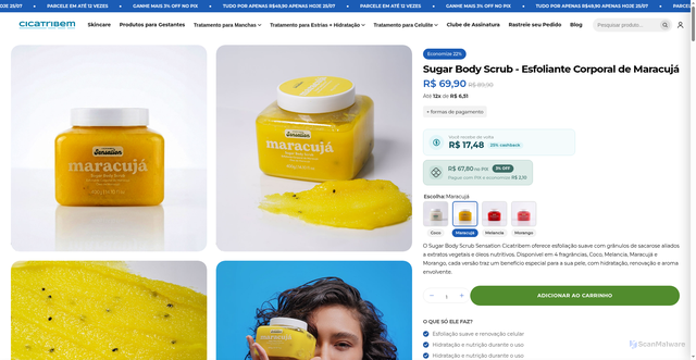 Security scan screenshot of http://cicatribem.online/products/sugar-body-scrub-esfoliante-corporal-de-maracuja-sensation-400g.html