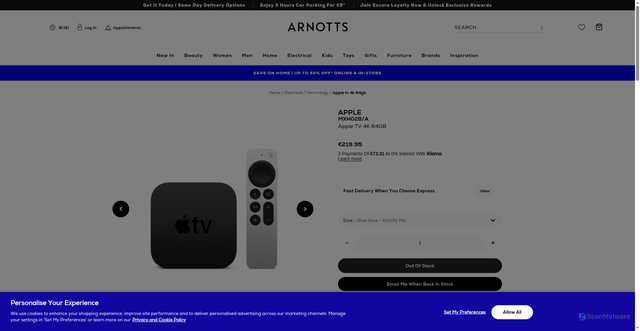 Security scan screenshot of https://www.arnotts.ie/electrical/technology/television/apple/apple-tv-4k-64gb/2000015445.html
