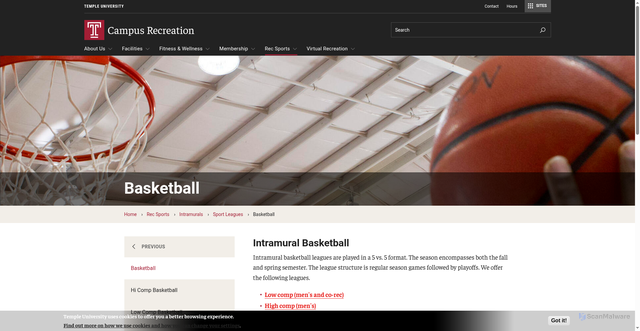 Security scan screenshot of https://www.temple.edu/campus-recreation/rec-sports/intramurals/sport-leagues/basketball
