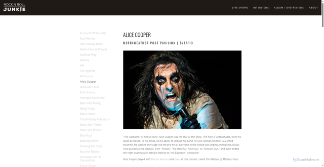 Security scan screenshot of http://www.justarocknrolljunkie.com/alice-cooper
