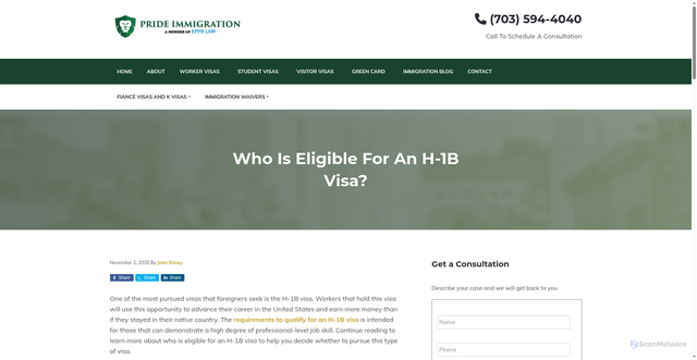 Security scan screenshot of https://www.prideimmigration.com/who-is-eligible-for-an-h1b-visa/