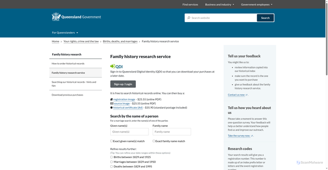 Security scan screenshot of https://www.familyhistory.bdm.qld.gov.au/