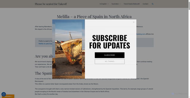 Security scan screenshot of https://pleasebeseatedfortakeoff.com/melilla-a-piece-of-spain-in-north-africa/