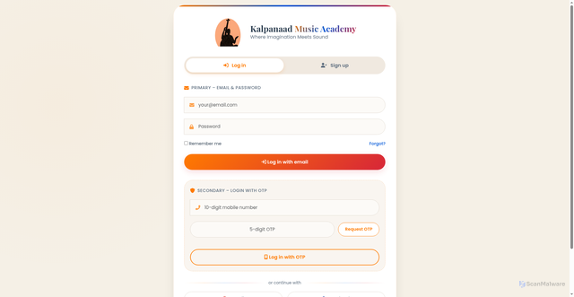 Security scan screenshot of https://kalpanaadmusicacademy.com/signup?tab=signup