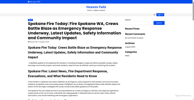 Security scan screenshot of https://heavenfalls.site/spokane-fire-today-fire-spokane-wa-crews-battle-blaze-as-emergency-response-underway-latest-updates-safety-information-and-community-impact/