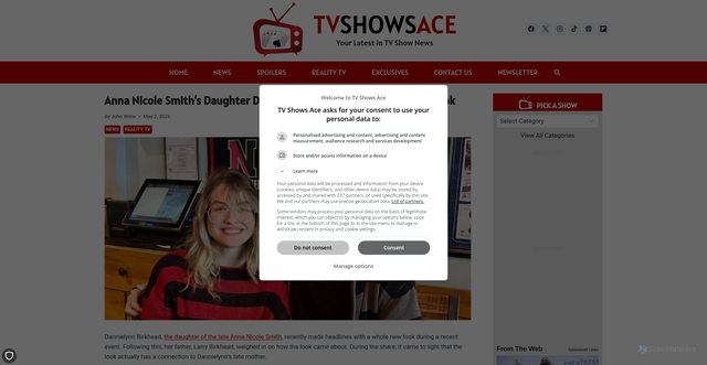 Security scan screenshot of https://tvshowsace.com/2026/05/02/anna-nicole-smiths-daughter-dannielynn-birkhead-debuts-unique-look/