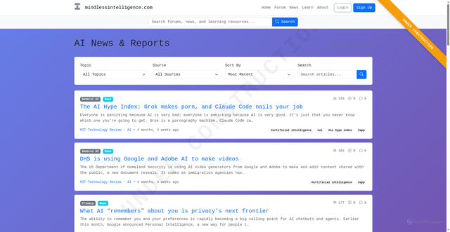 Security scan screenshot of https://mindlessintelligence.com/news/