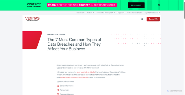 Security scan screenshot of https://www.veritas.com/information-center/the-seven-most-common-types-of-data-breaches-and-how-they-affect-your-business