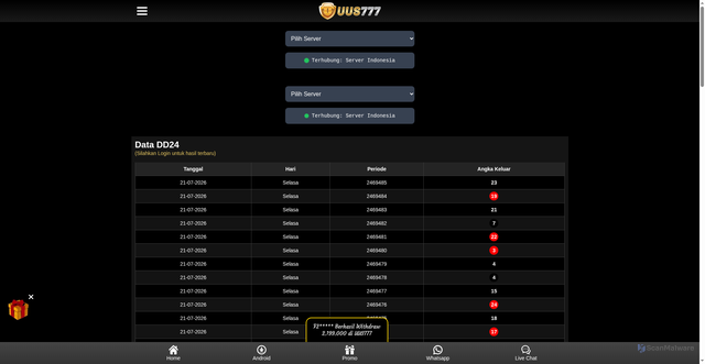 Security scan screenshot of https://xn--p6ccr3dlbaan1ai1aj9jpau3cfi3gdego4f7ihe4szam.net/mobile/data/dd24?m=2