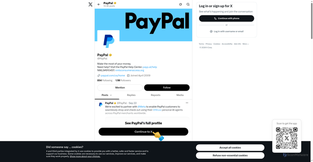 Security scan screenshot of https://x.com/PayPal?v=1%2C0.1