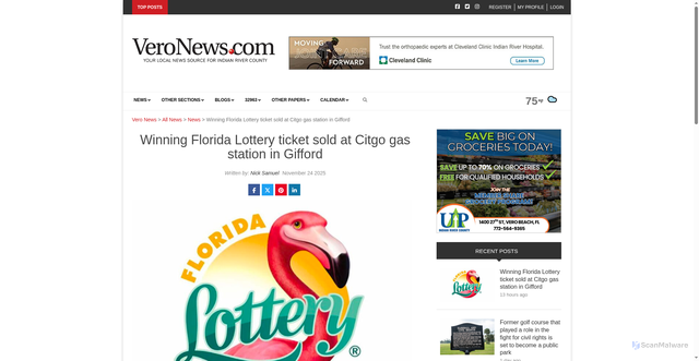 Security scan screenshot of https://veronews.com/2025/11/24/winning-florida-lottery-ticket-sold-at-citgo-gas-station-in-gifford/