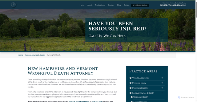 Security scan screenshot of https://www.rousseaurosslaw.com/serious-injuries-death/wrongful-death/