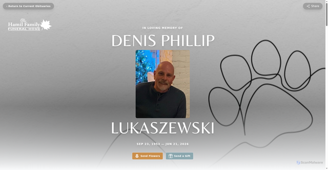 Security scan screenshot of https://www.hamilfamilyfuneralhome.com/obituaries/denis-lukaszewski