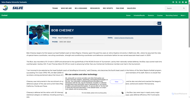 Security scan screenshot of https://salveathletics.com/sports/football/roster/coaches/bob-chesney/518