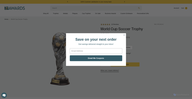 Security scan screenshot of https://k2awards.com/products/world-cup-soccer-trophy-rf104?srsltid=AfmBOoq7r-trfPgUVutBQnELvDAOXDgnGPV9VkacFIQ6eybxJPrnh6g0