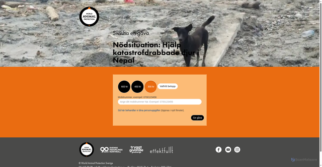 Security scan screenshot of https://donera.worldanimalprotection.se/nepal_katastrof_swish/?epost=asasas@hans.se