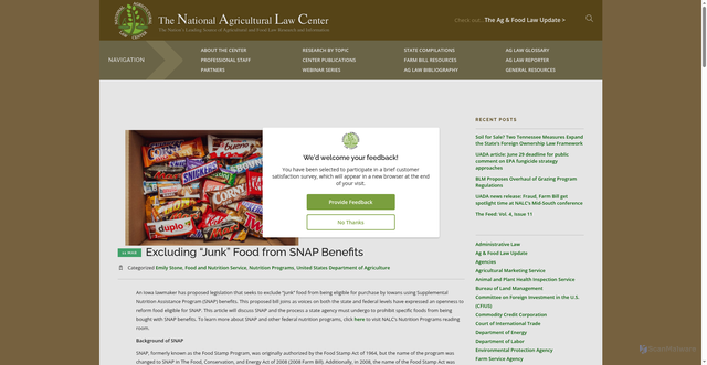 Security scan screenshot of https://nationalaglawcenter.org/excluding-junk-food-from-snap-benefits/