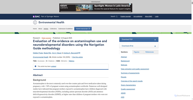 Security scan screenshot of https://ehjournal.biomedcentral.com/articles/10.1186/s12940-025-01208-0