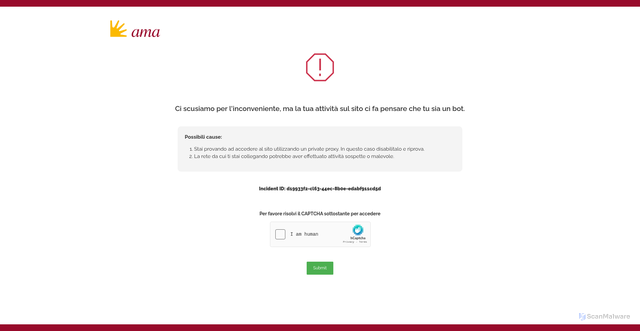 Security scan screenshot of https://validate.perfdrive.com/8408b9605993067ad3888d4cbe83654f/?ssa=36f275a3-a909-4f4c-b9f0-93daa9d17308&ssb=31831227981&ssc=https%3A%2F%2Fwww.amaroma.it%2F&ssi=d19933f2-cl63-44ec-8b0e-edabf911cd5d&ssk=botmanager_support@radware.com&ssm=58002810302055408101891401537023&ssn=efc277920102b96e70f732c283eeede099d652fc181d-0cd5-4ab4-930e16&sso=7711cd23-11e3cd221f946c0a4952259f47b2b61d5c2038239f900bca&ssp=59979939091774494891177444495023549&ssq=81717522542502494831325425356051438548912&ssr=MTc4LjYzLjE2LjIyNA==&sst=Mozilla/5.0%20(Windows%20NT%2010.0;%20Win64;%20x64)%20AppleWebKit/537.36%20(KHTML,%20like%20Gecko)%20Chrome/124.0.0.0%20Safari/537.36&ssu=&ssv=&ssw=&ssx=eyJyZCI6ImFtYXJvbWEuaXQiLCJ1em14IjoiN2Y5MDAwMTYzNmY5MWQtOTIyYS00MGMwLWFjOGEtMGU3Zjc2NjFhNmY5MS0xNzc0NDI1NDI1MTYxMC1jMWNlYjdiN2VlMzUwMzdhMTAiLCJfX3V6bWYiOiI3ZjkwMDA1MmZjMTgxZC0wY2Q1LTRhYjQtOWQyMy0xMWUzY2QyMjFmOTQxLTE3NzQ0MjU0MjUxNjEwLTAwMzVjOGRhODQxZmMzYWJmOTUxMCJ9