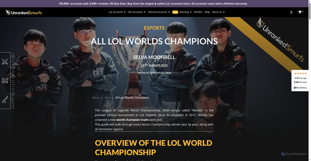 Security scan screenshot of https://www.unrankedsmurfs.com/blog/all-lol-worlds-champions