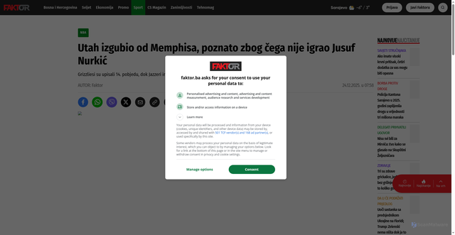 Security scan screenshot of https://faktor.ba/sport/kosarka/utah-izgubio-od-memphisa-poznato-zbog-cega-nije-igrao-jusuf-nurkic/240318