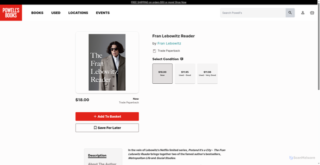 Security scan screenshot of https://www.powells.com/book/fran-lebowitz-reader-9780679761808?srsltid=AfmBOoqihjclxeg_d45FbivaelD76UdXWoF2hzfKc0L_9Edl-UMRTSDX