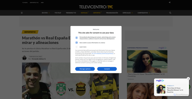 Security scan screenshot of https://www.televicentro.com/marathon-vs-real-espana-en-vivo-hora-donde-mirar-y-alineaciones-2025-10-15