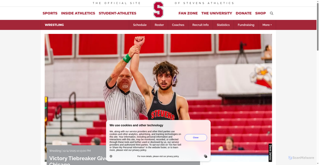 Security scan screenshot of https://stevensducks.com/news/2025/12/4/victory-tiebreaker-gives-wrestling-dual-match-win-over-chicago.aspx