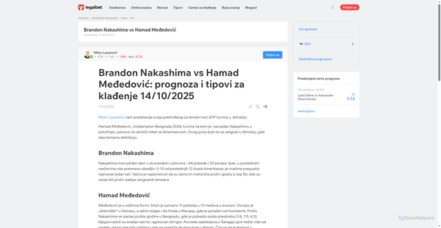 Security scan screenshot of https://legalbet.rs/tipovi/brandon-nakashima-vs-hamad-medjedovic-prognoza-i-tipovi-za-kladjenje-14102025-milan-lazarevic/