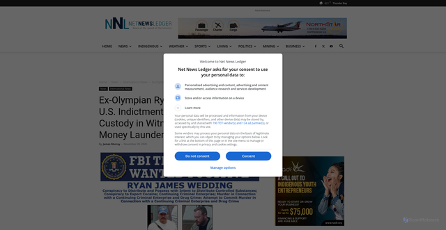 Security scan screenshot of https://www.netnewsledger.com/2025/11/20/ex-olympian-ryan-wedding-named-in-u-s-indictment-10-arrested-11-in-custody-in-witness-murder-drug-money-laundering-case/