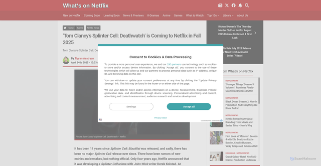 Security scan screenshot of https://www.whats-on-netflix.com/news/splinter-cell-netflix-anime-series-what-we-know-about-seasons-1-and-2-so-far/